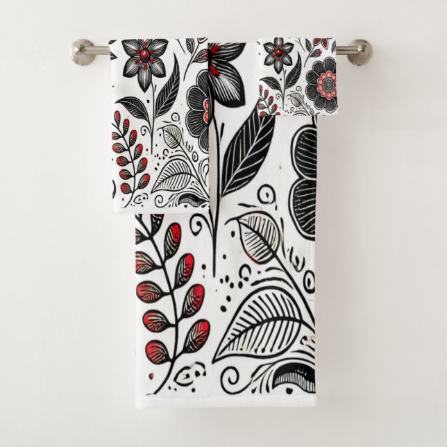 Fleurs de gribouillis et feuilles en rouge et noir (En situation)
