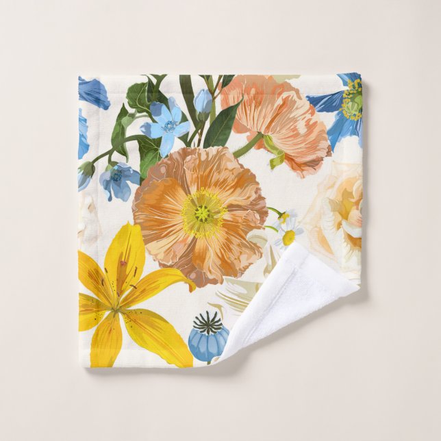 Fleurs de jardin. Lys magiques, marguerite, pavot, (Gant de toilette)