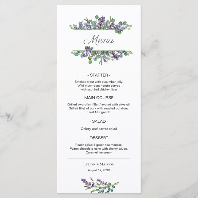 Fleurs de lavande Eucalyptus Foliage Menu Mariage (Devant)