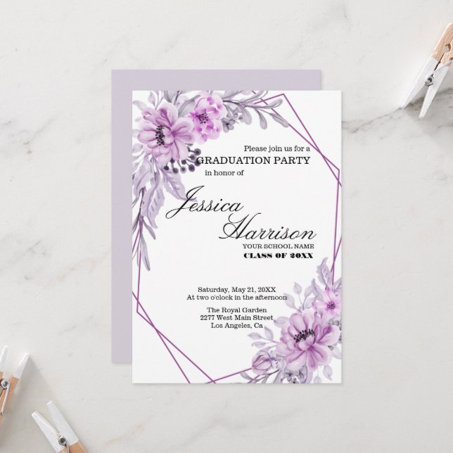 Fleurs de lavande Invitation des diplômés (Devant/Arrière en situation)
