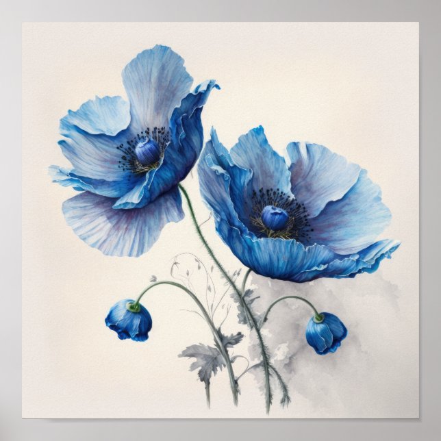 Fleurs de pavot bleu Art Imprimer Poster (Devant)