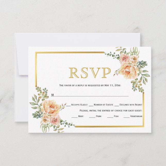 Fleurs de pêche, cadre d'or carte RSVP mariage (Devant)