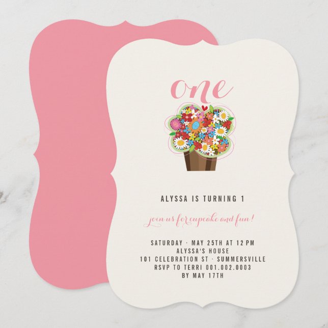Fleurs de printemps Cupcake 1er Invitation de fête (Devant / Derrière)