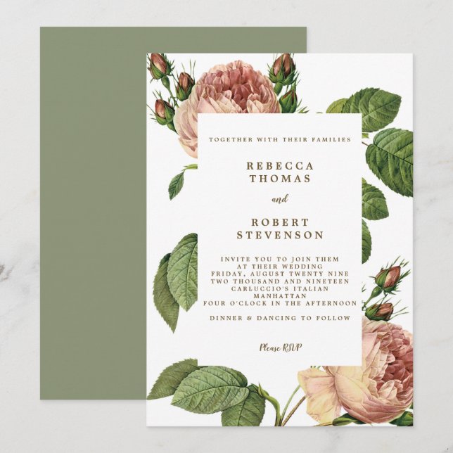 fleurs de rose faire-part de mariage modernes (Devant / Derrière)