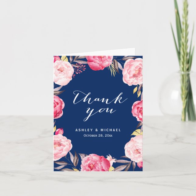 Fleurs de rose rose bleu marine romantique Merci (Devant)