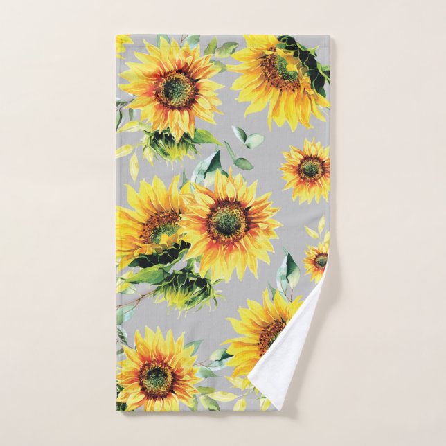 Fleurs de soleil aquarelle sur gris (Serviette à main)