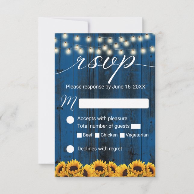 Fleurs de soleil bleu marine Mariage rustique RSVP (Devant)