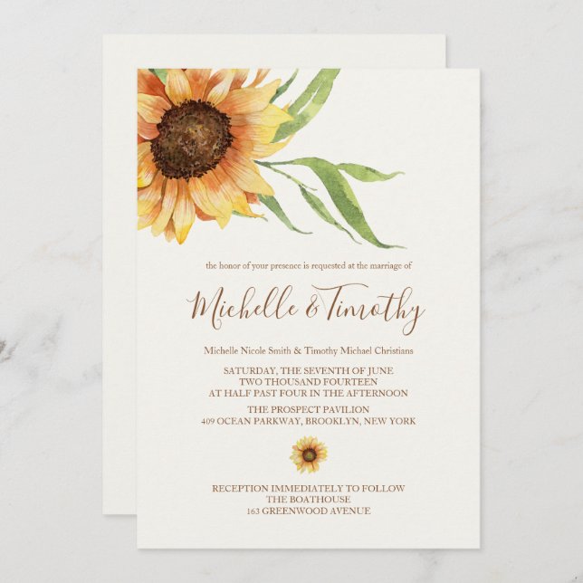 Fleurs de soleil de pays Invitations de mariage (Devant / Derrière)
