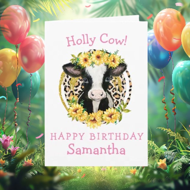Fleurs de soleil de vache Bonne carte d'anniversai ( Imagine a sweet cow surrounded by vibrant sunflowers on a birthday card—how adorable is that?)