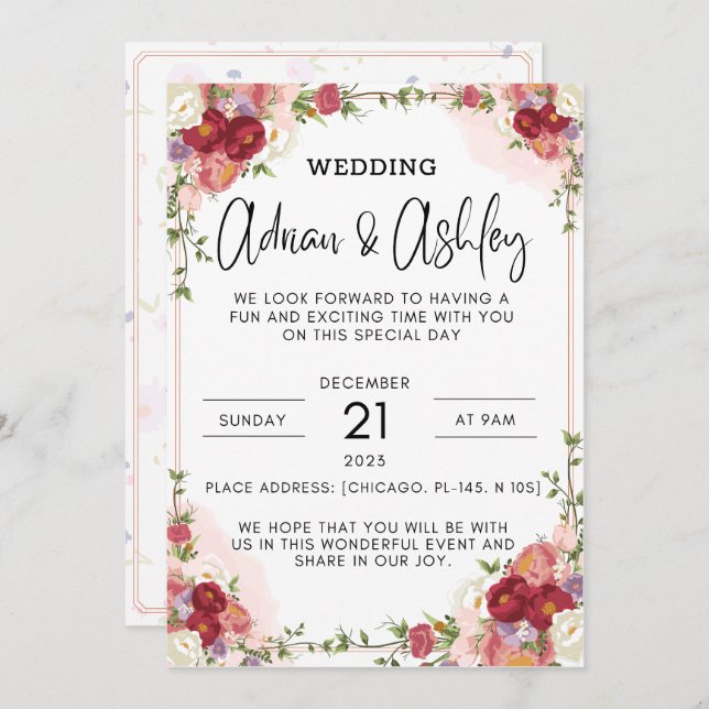 fleurs d'eau rouge invitations de mariage (Devant / Derrière)