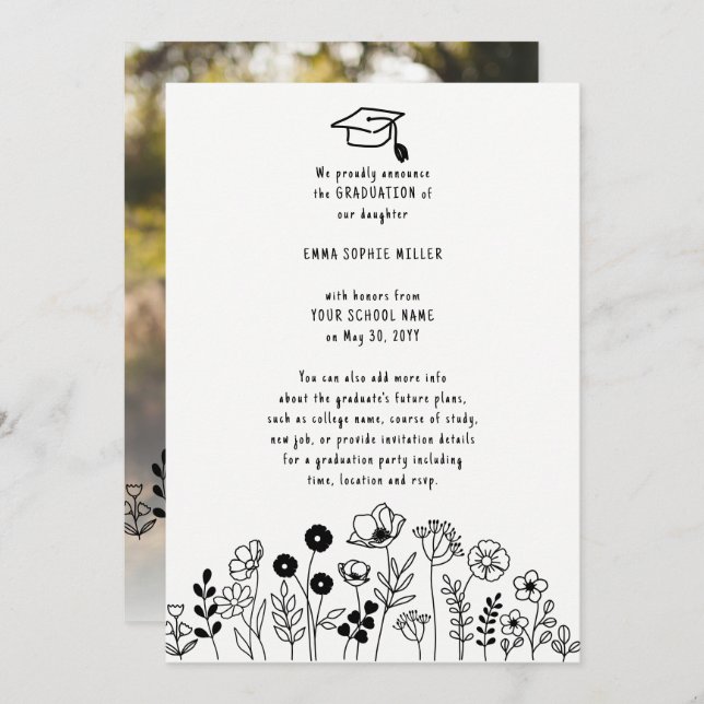 Fleurs dessinées à la main Faire-part de graduatio (Devant / Derrière)