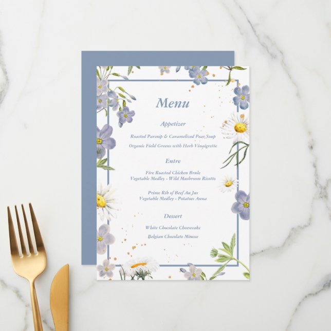 Fleurs d'été Menu Mariage bleu (Devant/Arrière en situation)