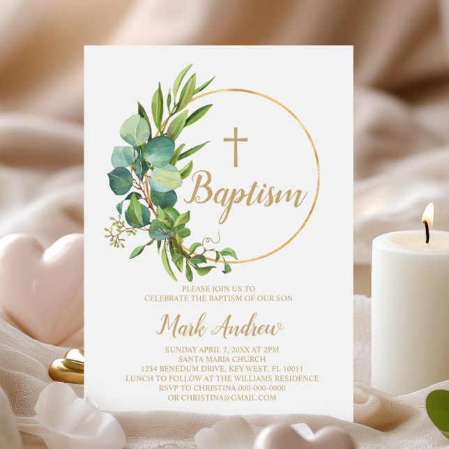 Fleurs d'eucalyptus Baptême Invitation (Créateur téléchargé)