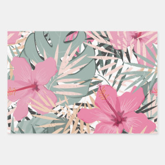 Fleurs d'Hibiscus roses et grands Feuilles tropica