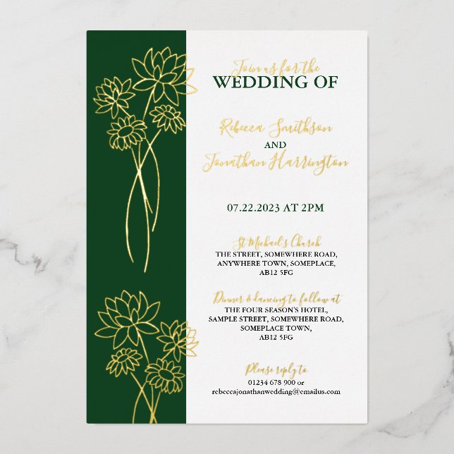 Fleurs d'or Mariage photo vert Invitation à huile (Recto)