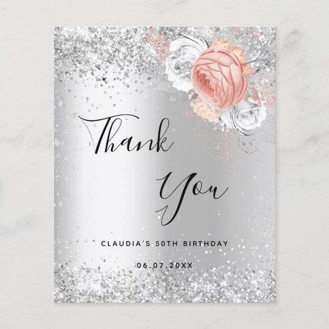 Fleurs d'or rose d'anniversaire carte de remerciem (Devant)