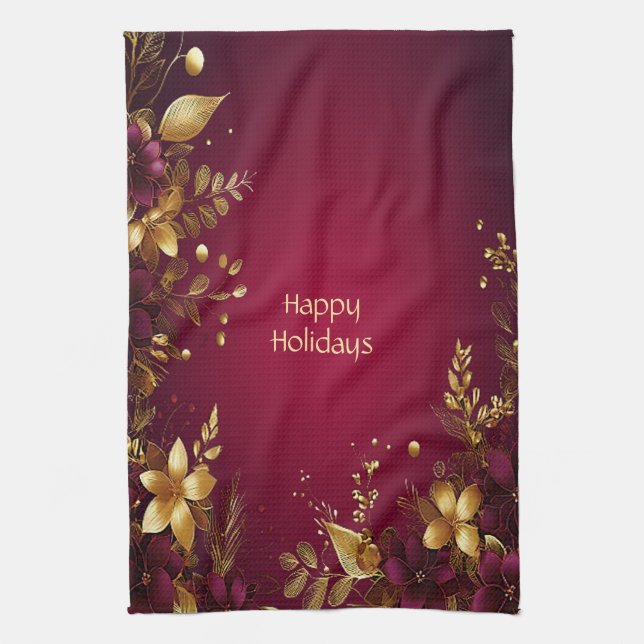 Fleurs d'or rouge Bourgogne Serviette de cuisine d (Vertical)