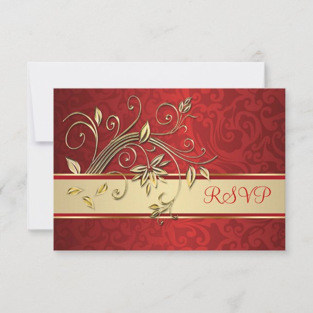 Fleurs d'or sur mariage damassé rouge RSVP (Devant)