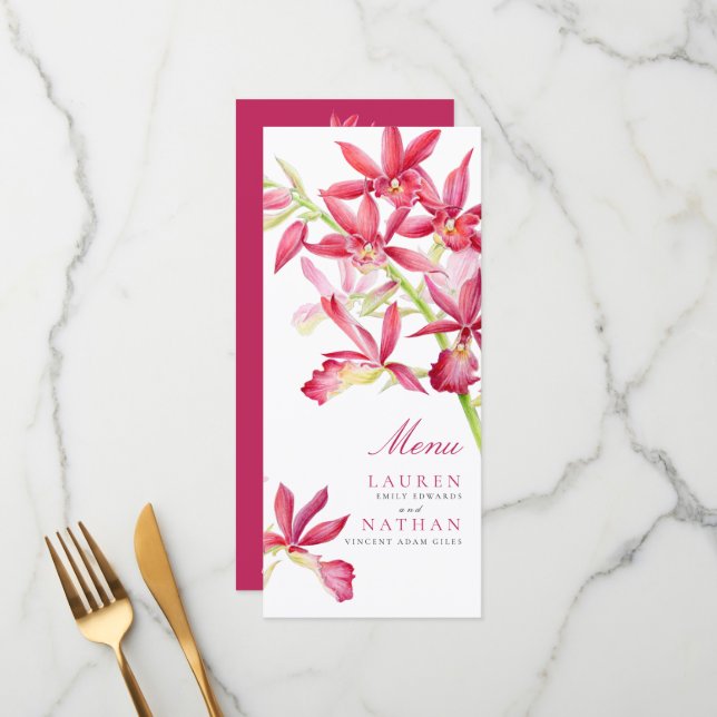 Fleurs d'orchidées rouges aquarelle menu mariage (Devant/Arrière en situation)