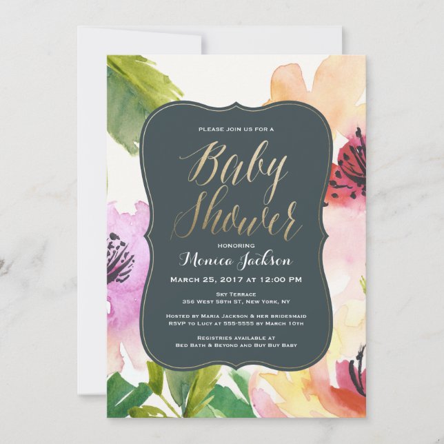 Fleurs élégantes | Invitation baby shower (Devant)