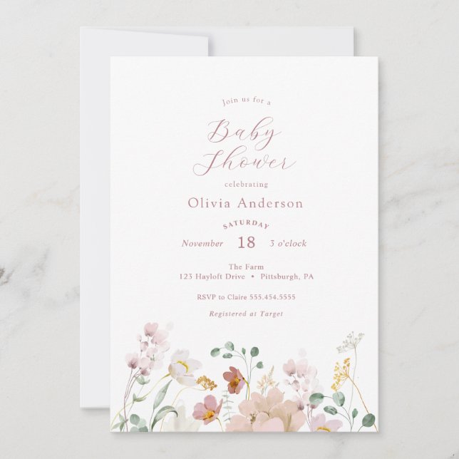 Fleurs en fleurs roses Invitation Baby shower (Devant)