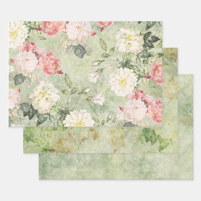 Fleurs En Mosaïque Verte Style Papier Enveloppant (Lot)