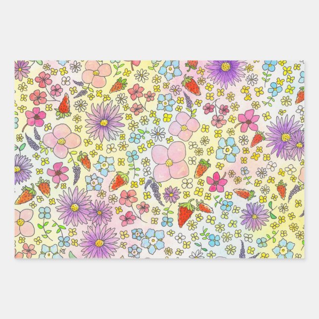 Fleurs et fraises Papier d'enveloppement (Devant)