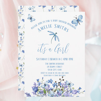 Fleurs et papillons bleus délicats Invitation
