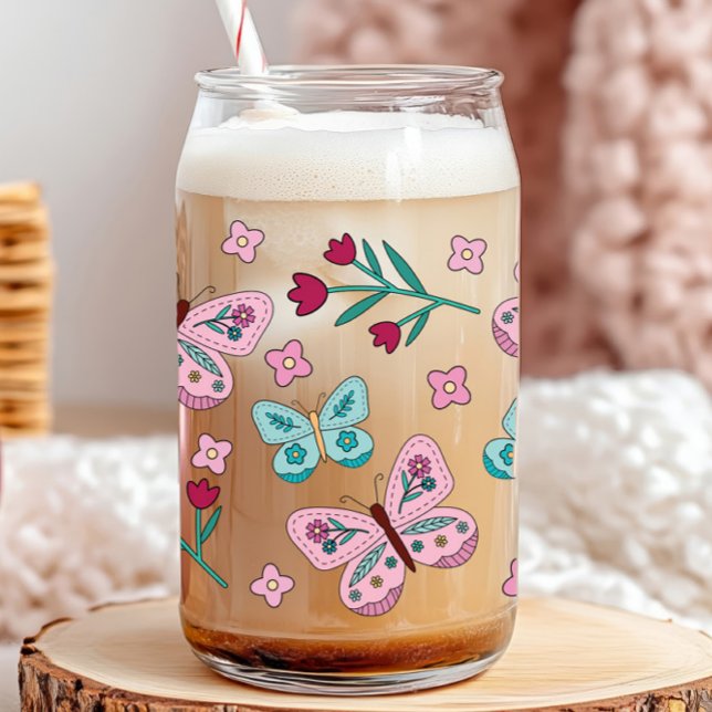Fleurs et papillons du jardin de printemps (whimsical retro spring floral butterflies pattern glass can )