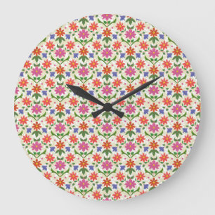 Fleurs et Pois sur Ecru Round Wall Horloge