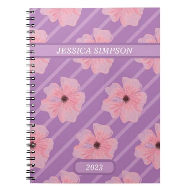 Fleurs Et Rayures Roses Carnet Personnalisé (Devant)