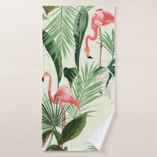 Fleurs exotiques et flamands roses, feuilles de pa