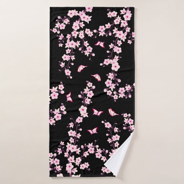 Fleurs florales de cerisiers rose-noir (Serviette de bain)