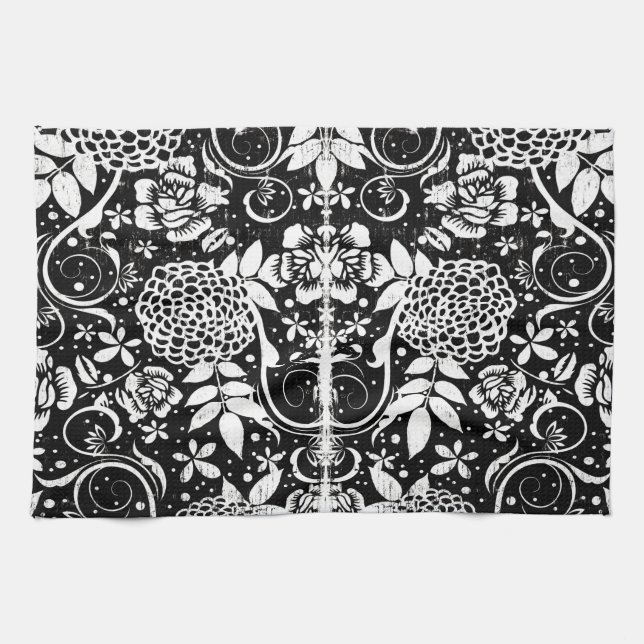 Fleurs florales noires et blanches Tea Serviette d (Horizontal)
