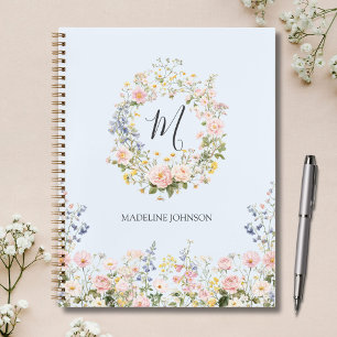 Fleurs Florales Rose Bleu Aquarelle Monogramme