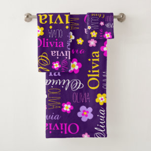 Fleurs graphiques et texte olivia violet jaune ros