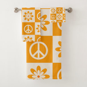 Fleurs Groovy à carreaux orange et signes de paix 