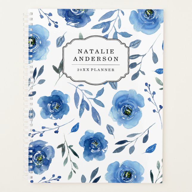 Fleurs Indigo | Planificateur personnalisé (Devant)