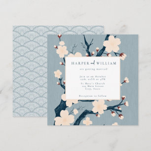 Fleurs japandi bleu et rose faire-part de mariage