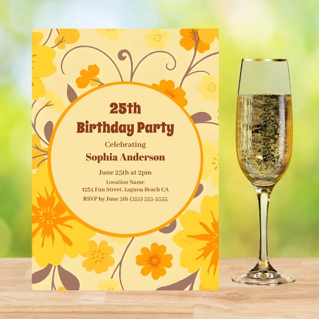 Fleurs Jaune Soleil Rétro - Invitation d'anniversa (Retro Sunshine Yellow Flowers-Birthday Invitation )