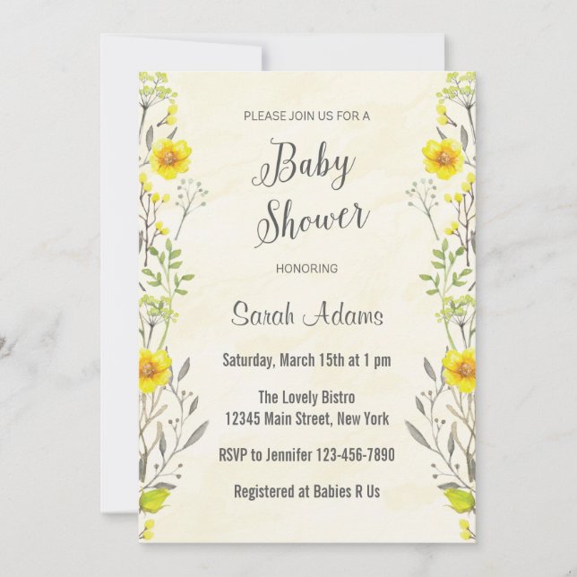 Fleurs Jaunes Aquarelle Baby shower Invitation (Devant)