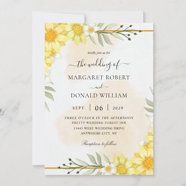 Fleurs jaunes avec invitations à un mariage d'or (Devant)
