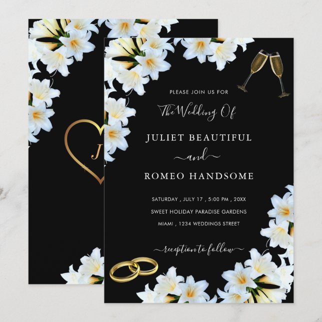 Fleurs Lys noir blanc Faire-part de mariage modern (Devant / Derrière)