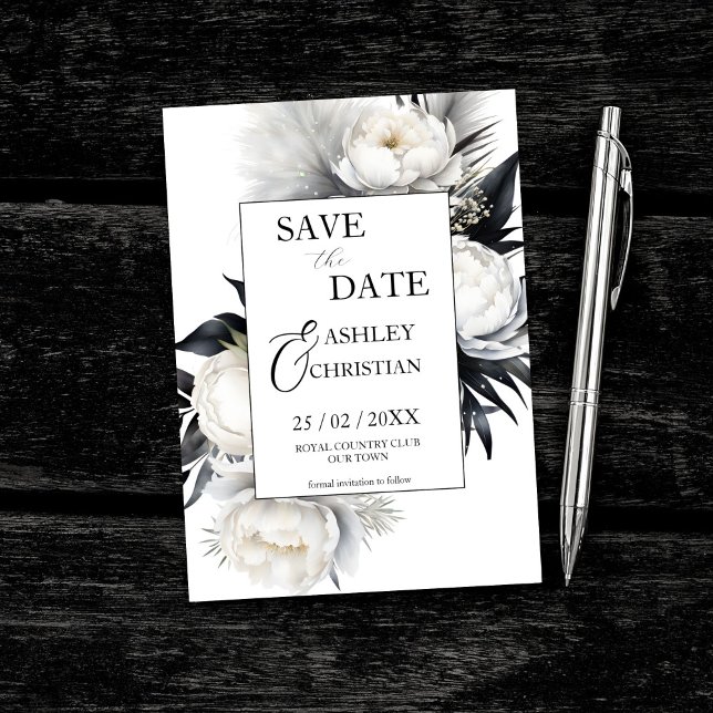 Fleurs noires et blanches modèle photo (Black and white peony flowers pampas grass photo editable template save the date card digital downlo)