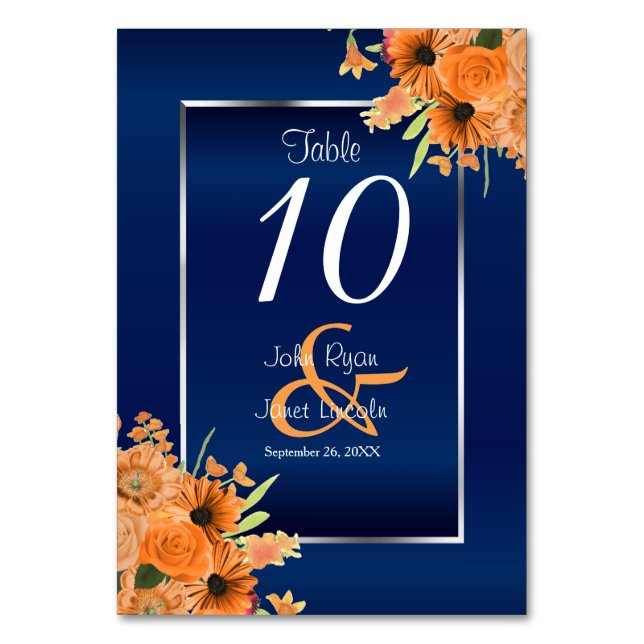 Fleurs orange sur bleu marine - Carte table (Par défaut)