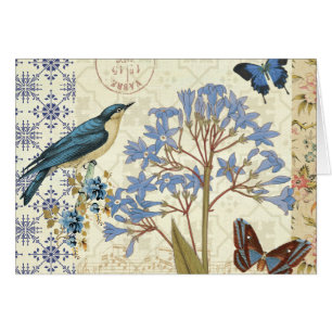 Fleurs, papillons, et collage d'oiseau