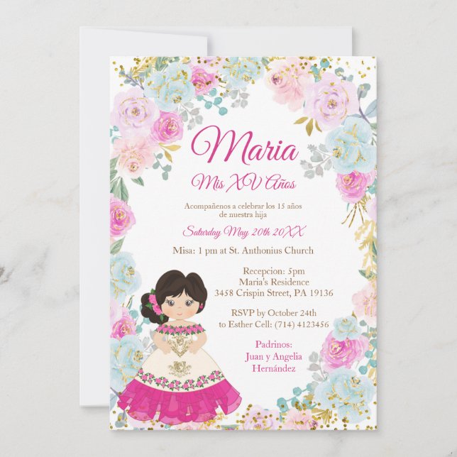 Fleurs Pastel Mis XV Anos Invitation Anniversaire (Devant)