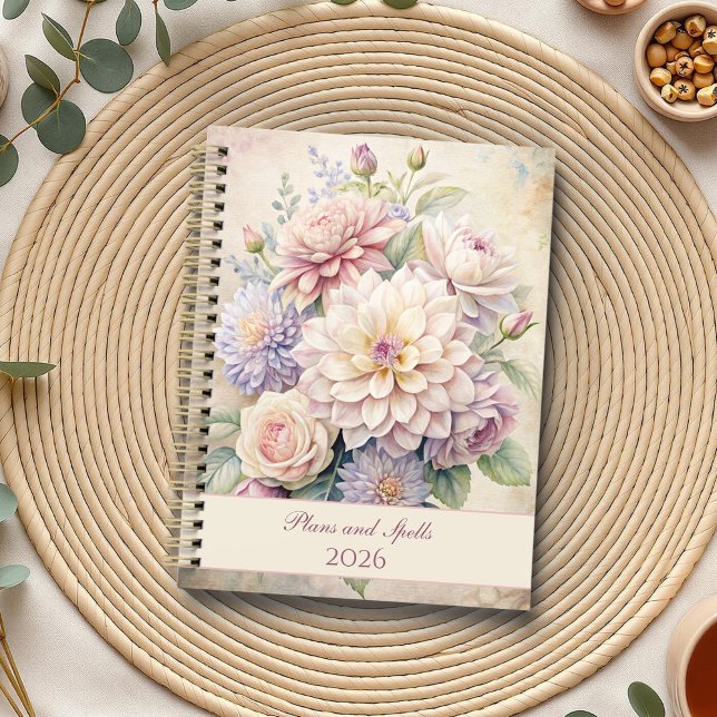 Fleurs Pastel vintages (Vintage Elegant Pastel Flowers Planner on a boho table with botanicals and a cup of tea.)