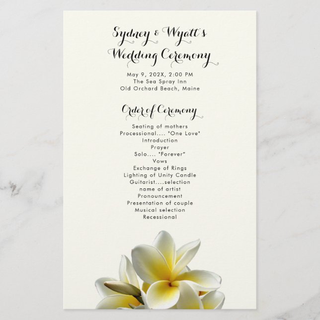 Fleurs Plumeria Jaune Programme de Mariage Plat (Devant)