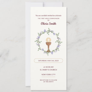 Fleurs pourpres Wreath First Communion Invitation